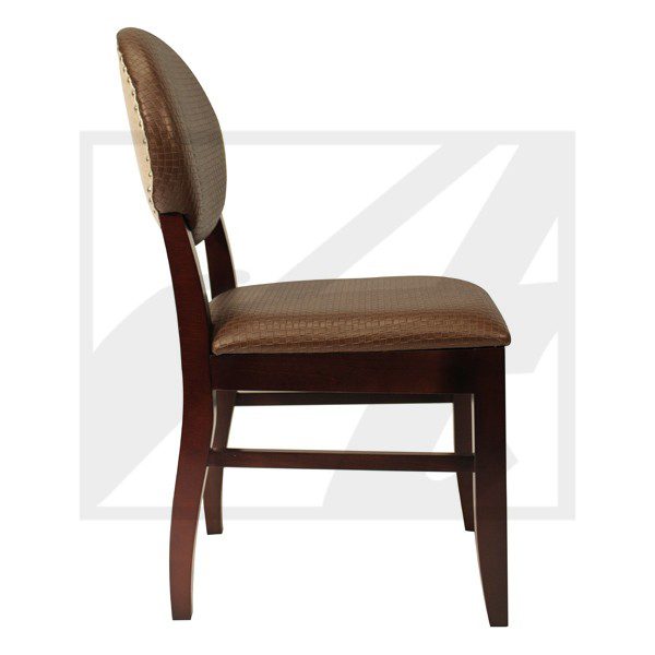 Side view of a wooden chair with a cushioned seat and backrest.