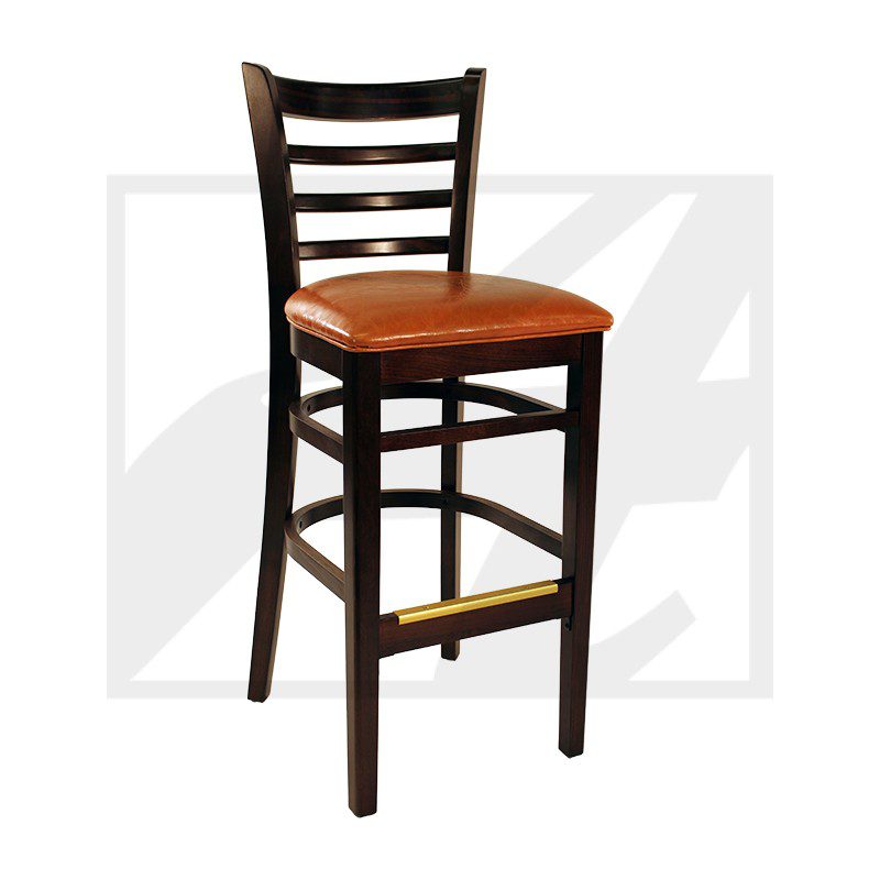 Tall wooden bar stool with a cushioned seat and ladder back design.
