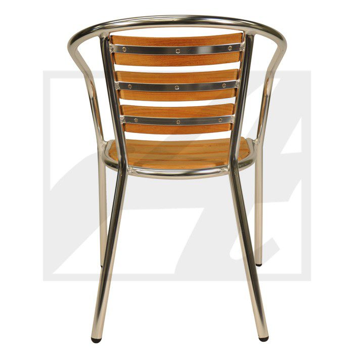 Back view of a metal and wood chair with curved arms.