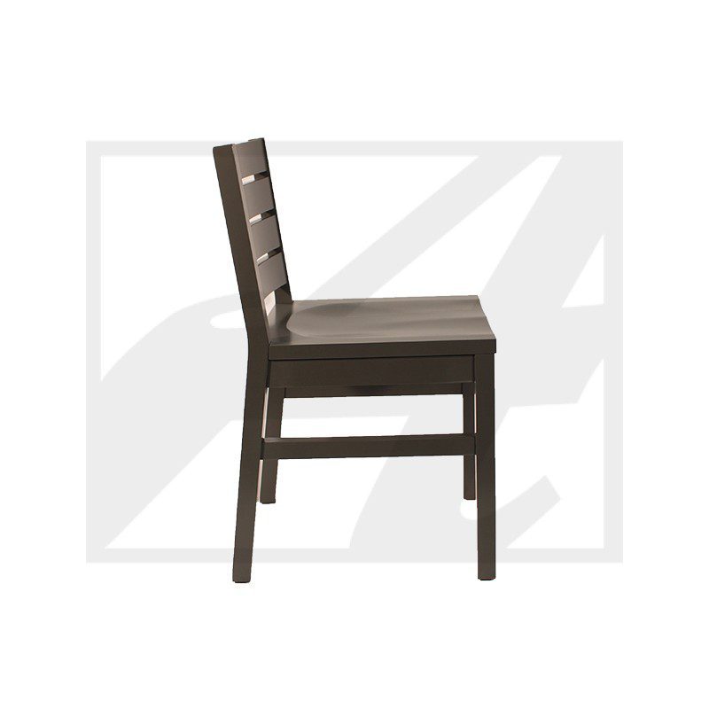 Side view of a dark wooden chair with a cushioned seat and backrest.