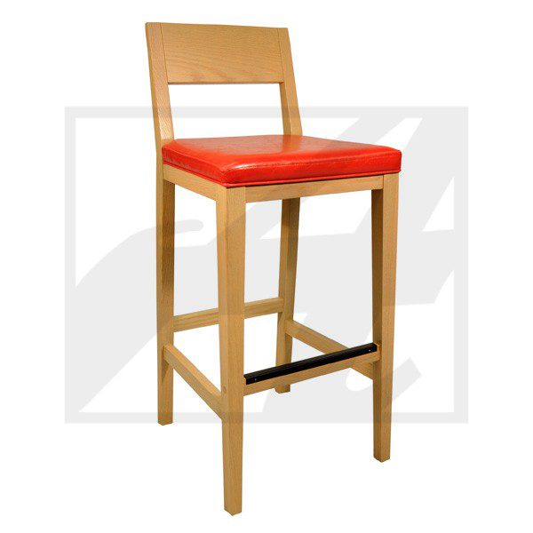 Wooden bar stool with orange cushion and backrest.