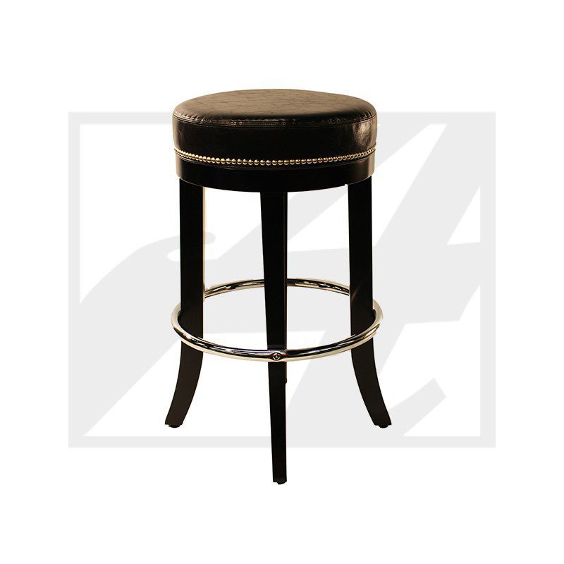 Round black wooden bar stool with cushioned seat and metal footrest.