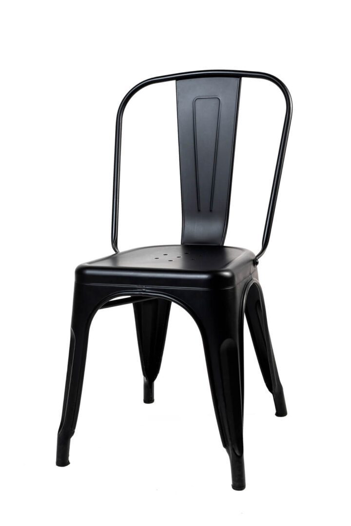 Black metal chair with a minimalist industrial design.