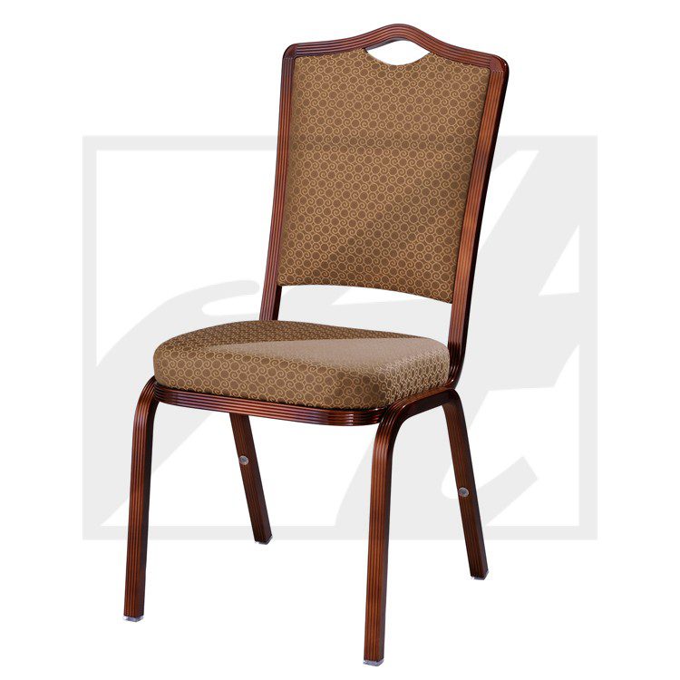 Brown padded banquet chair with wooden legs and backrest handle.