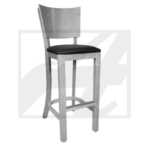 Wooden bar stool with a cushioned seat and curved backrest.