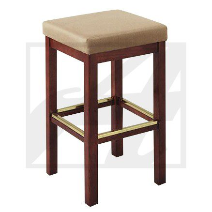 Wooden bar stool with beige cushioned seat and brass footrest.
