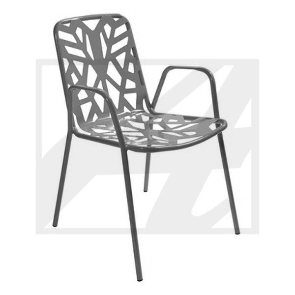 Modern chair with a cutout leaf pattern and metal frame.