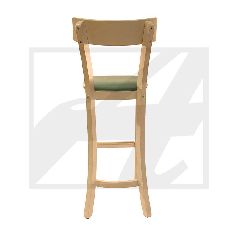 Wooden bar stool with a green cushion seat.