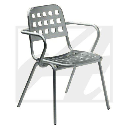 Metal chair with armrests and a perforated seat and backrest.