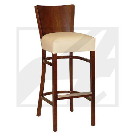 Wooden bar stool with cushioned beige seat and curved backrest.