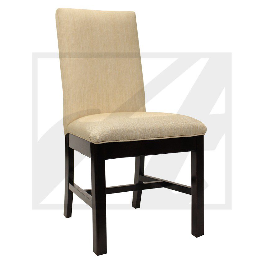 Beige upholstered dining chair with dark wooden legs.