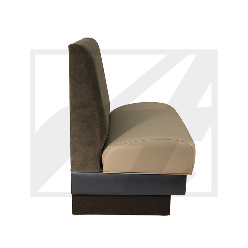 Side view of a modern beige and brown upholstered sofa with a dark base.