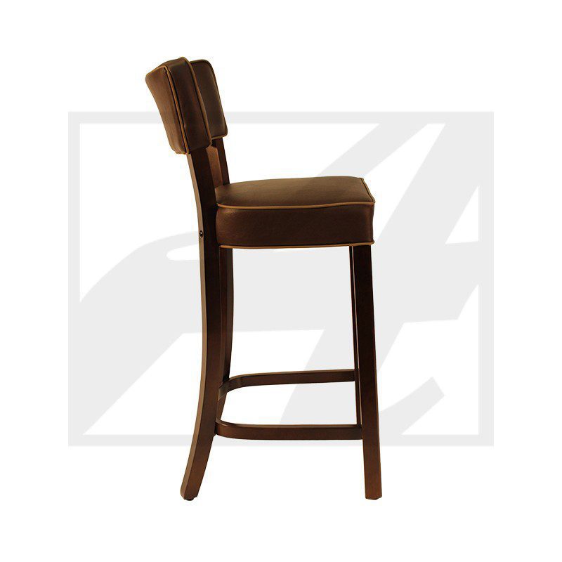 Elegant brown bar stool with cushioned seat and backrest.