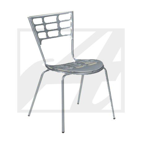 Modern metal chair with a grid-patterned backrest and round seat.