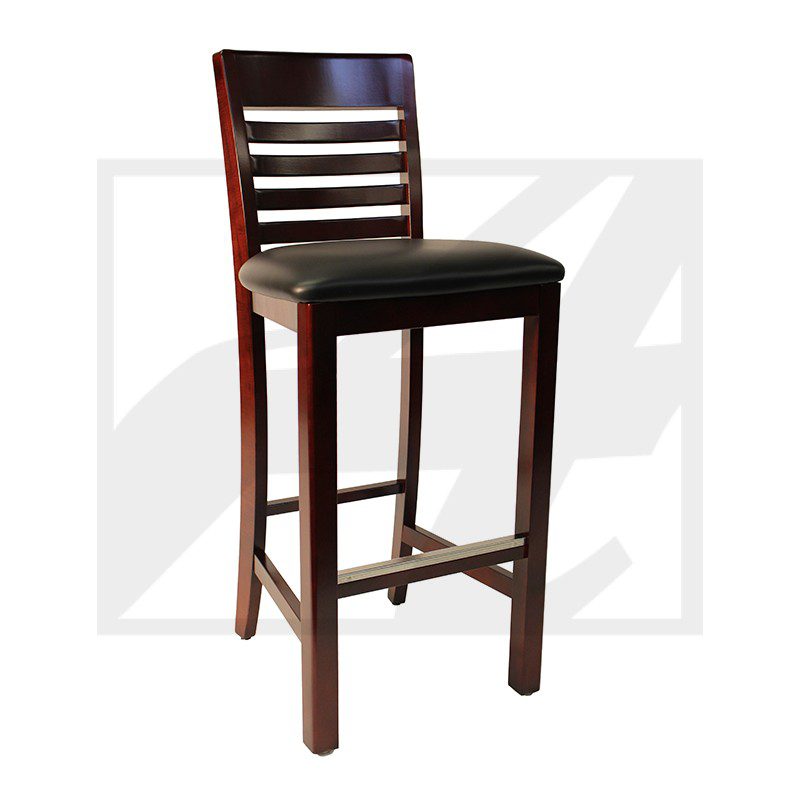 Wooden bar stool with a cushioned seat and slatted backrest.