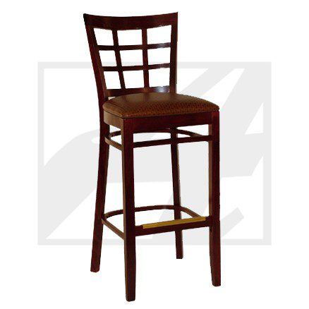 Wooden bar stool with a cushioned seat and lattice backrest.