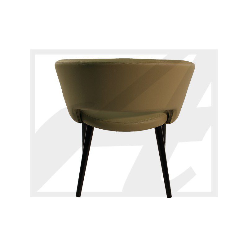 Modern brown chair with black legs against white background.