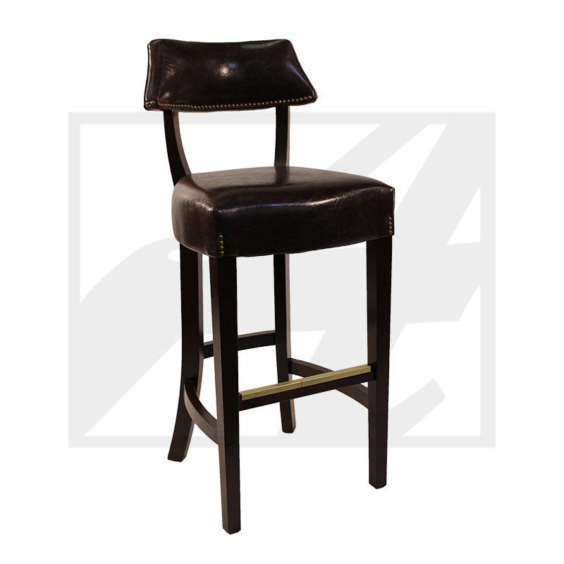 Dark wooden bar stool with cushioned seat and backrest.