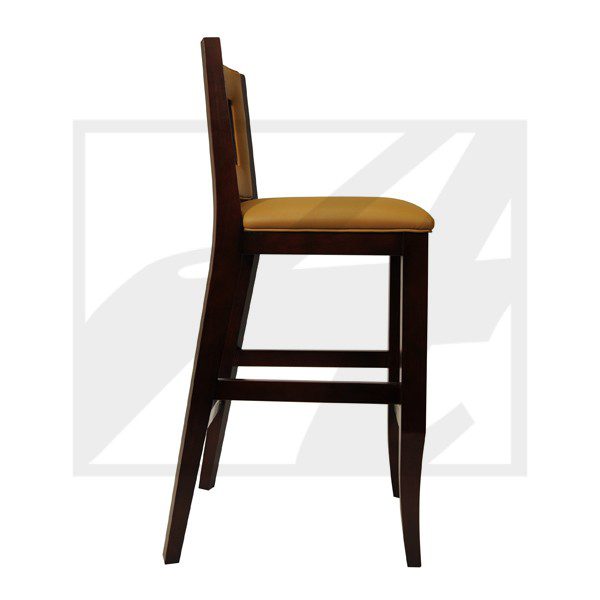 Wooden bar stool with a cushioned seat and backrest.