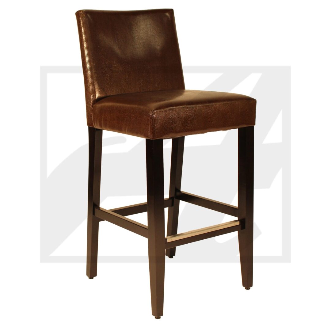 Brown leather bar stool with wooden legs and footrest.