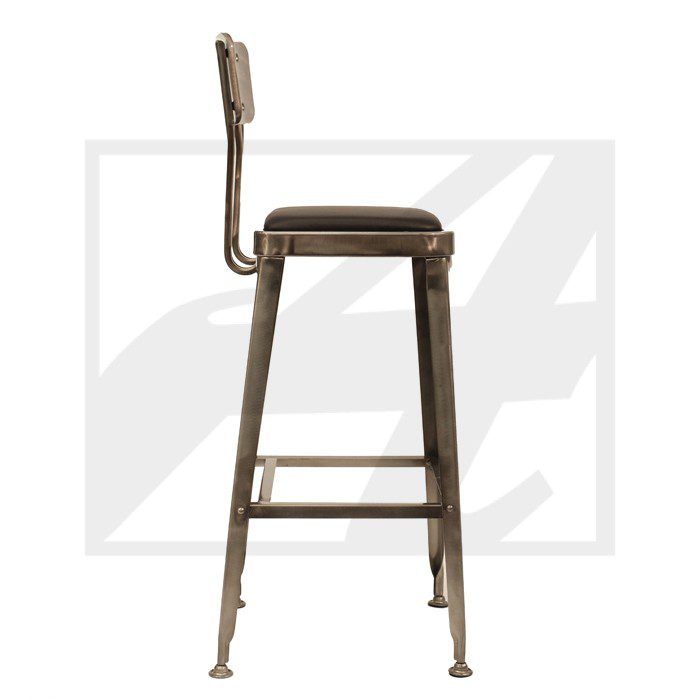 Industrial-style metal bar stool with a backrest and footrest.