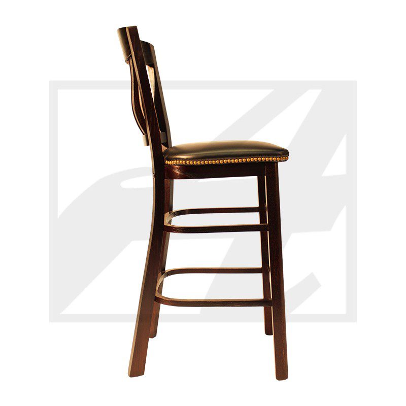 Wooden chair with a cushioned seat viewed from the side.