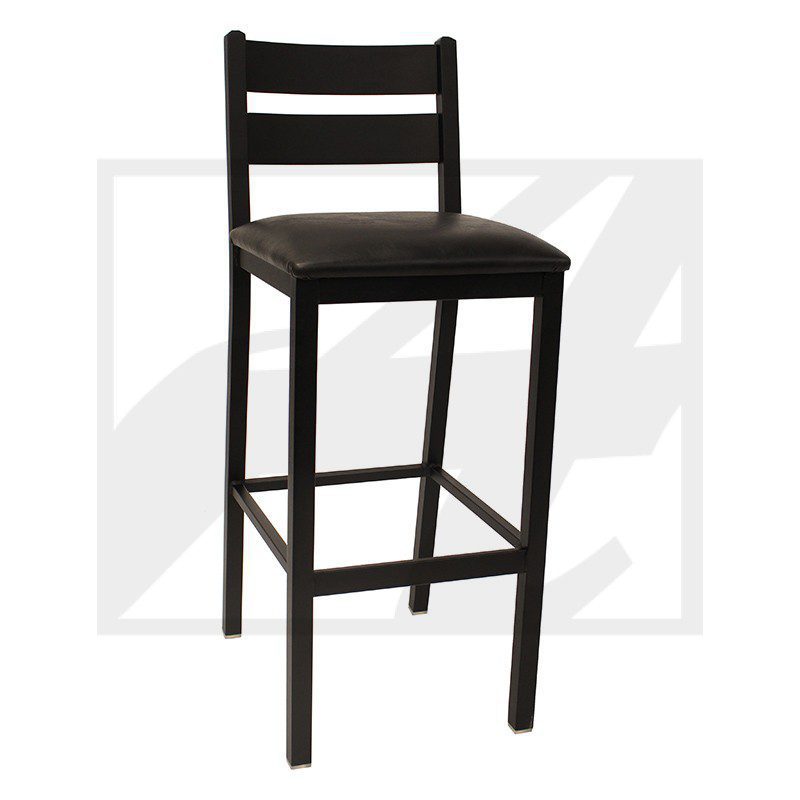 Tall black wooden bar stool with cushioned seat and ladder back.