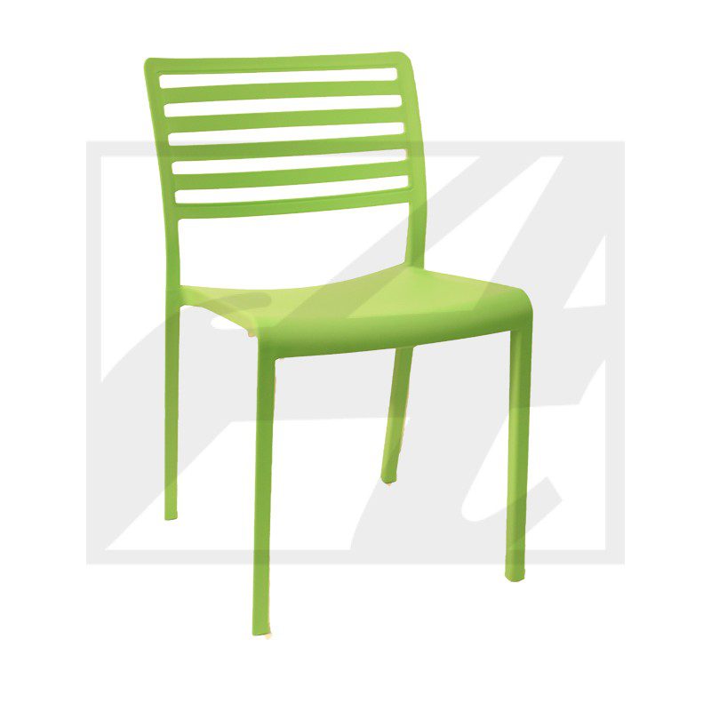 Green modern plastic chair with horizontal slats on the backrest.