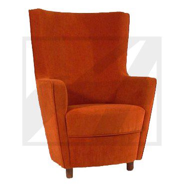 Orange upholstered armchair with high back and padded seat.