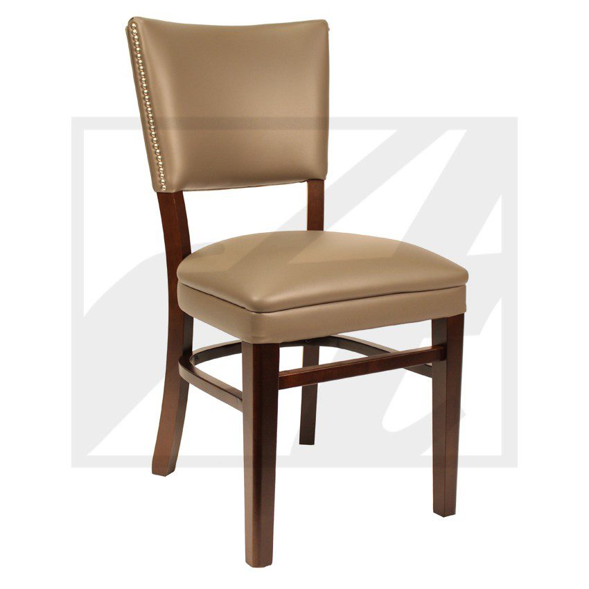 Brown cushioned wooden chair with a classic design.