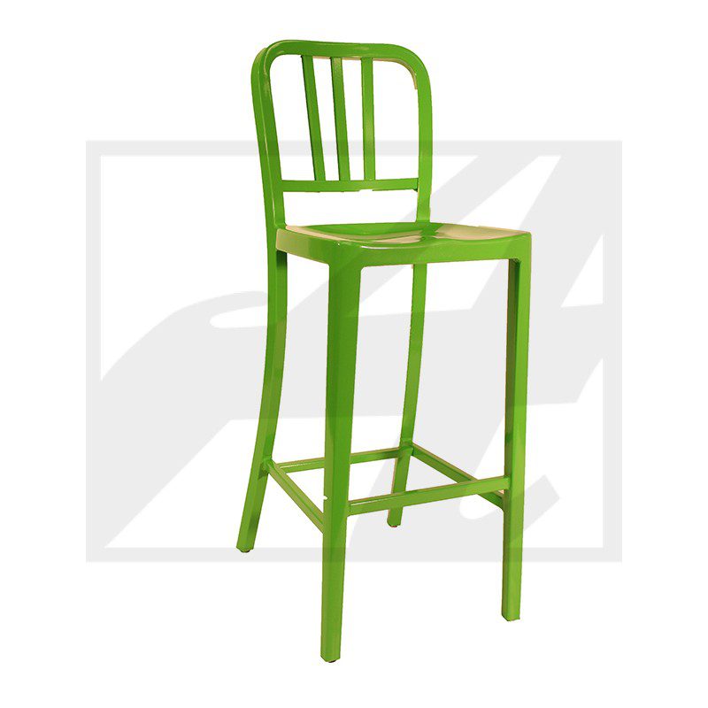 Green metal bar stool with a simple design.