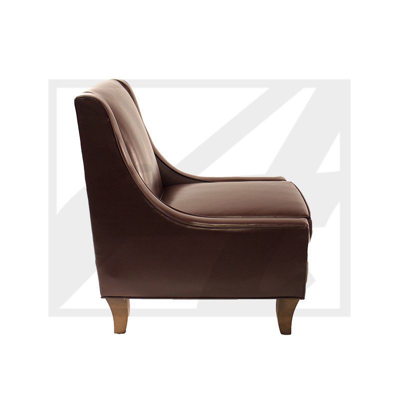 Elegant brown leather armchair with wooden legs.
