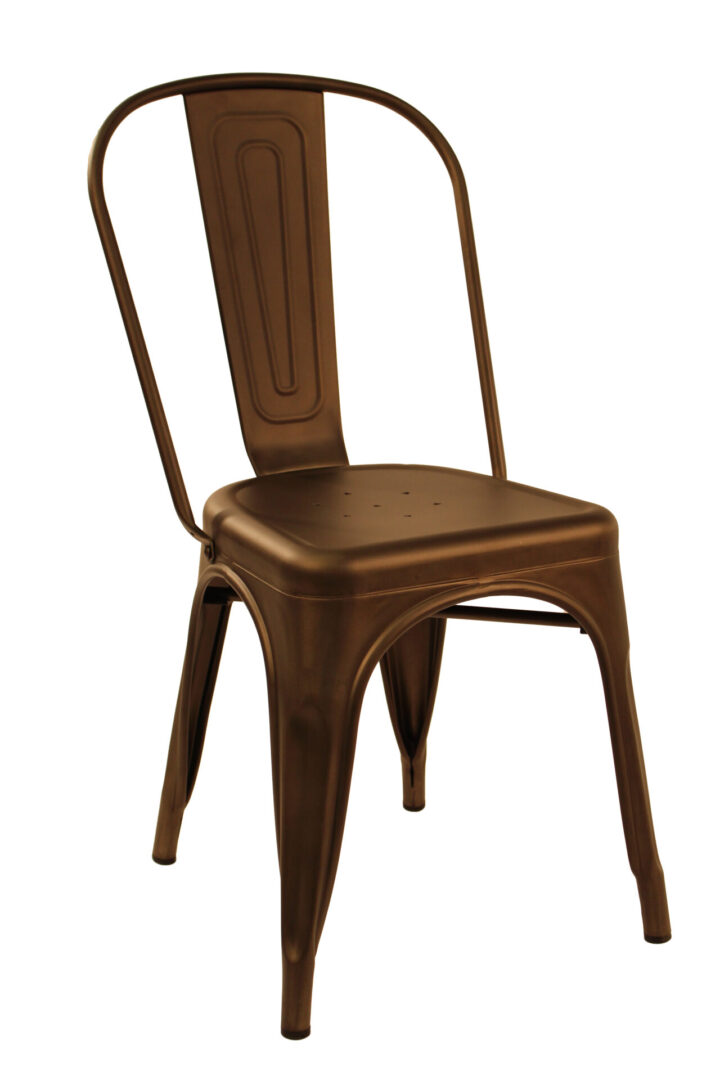 Rustic metal chair with a backrest and a brown finish.
