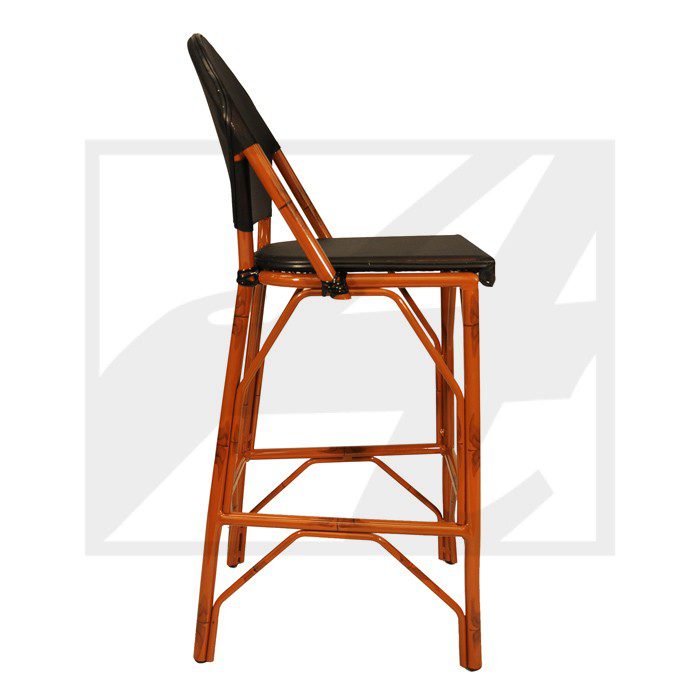 A wooden bar stool with a woven black seat and backrest.