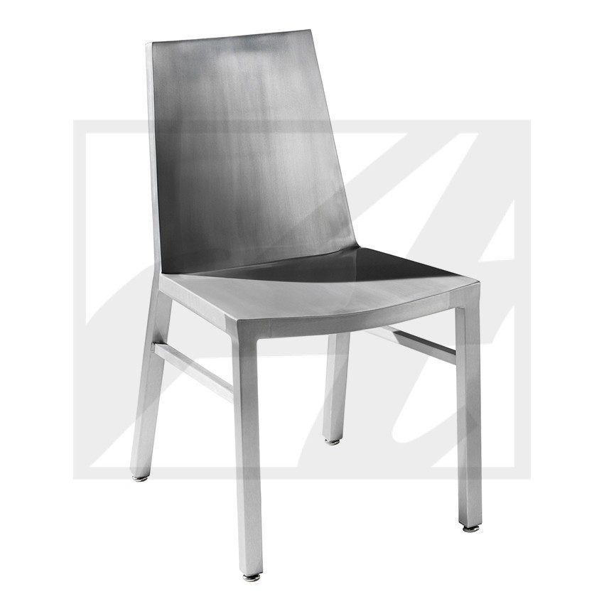 Modern chair with a sleek metal frame and dark seat.