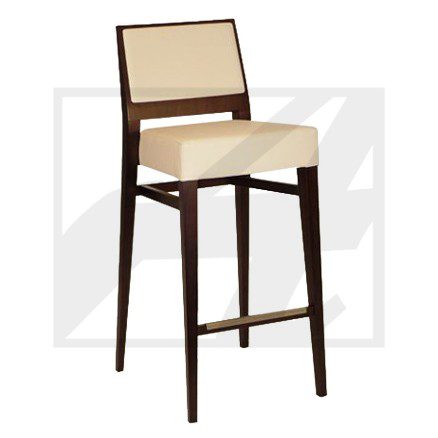 Modern bar stool with beige cushioning and dark wooden frame.