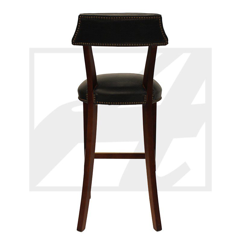 Dark wooden bar stool with black cushioned seat and backrest.