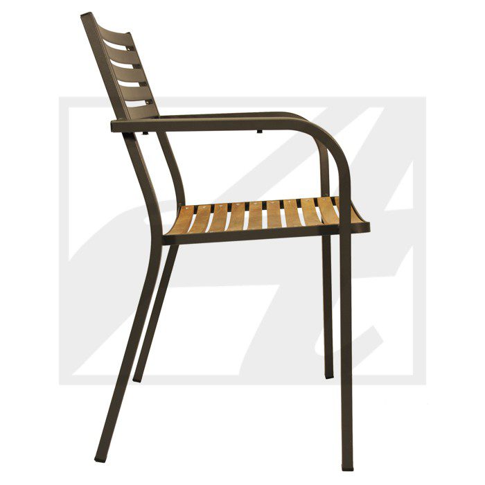 Modern outdoor chair with metal frame and wooden slats.