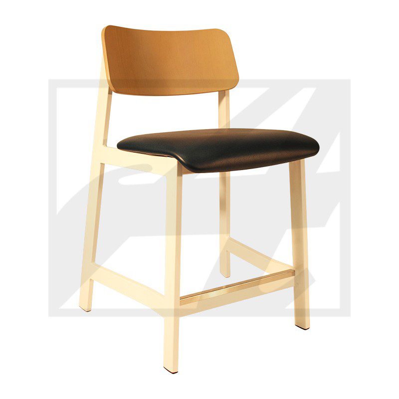 Modern wooden chair with black cushioned seat and light wood frame.