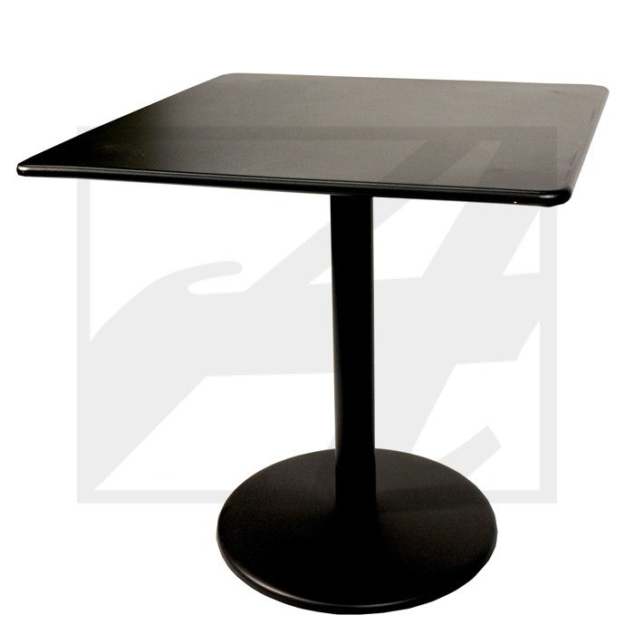 Black square table with single central leg and round base.