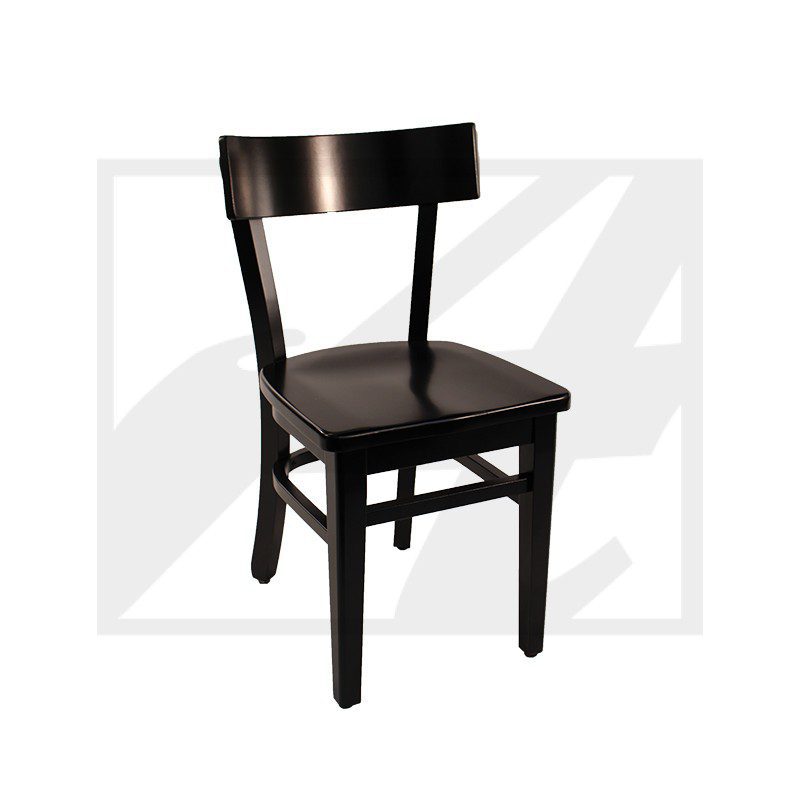 A simple black wooden chair with a rectangular backrest.