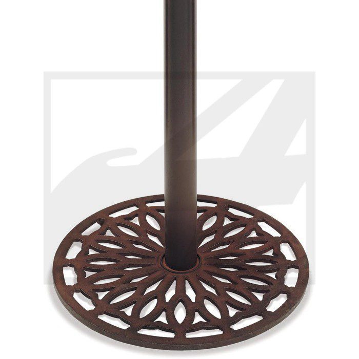 Decorative round metal base with intricate floral pattern for a standing object.