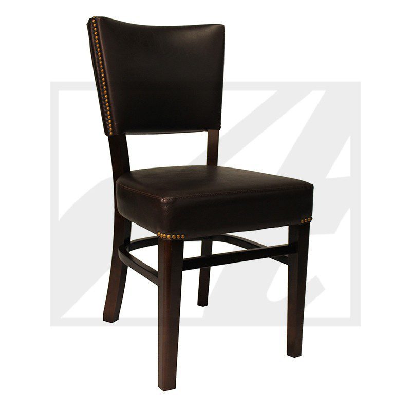 Dark wooden chair with padded black leather seat and backrest.