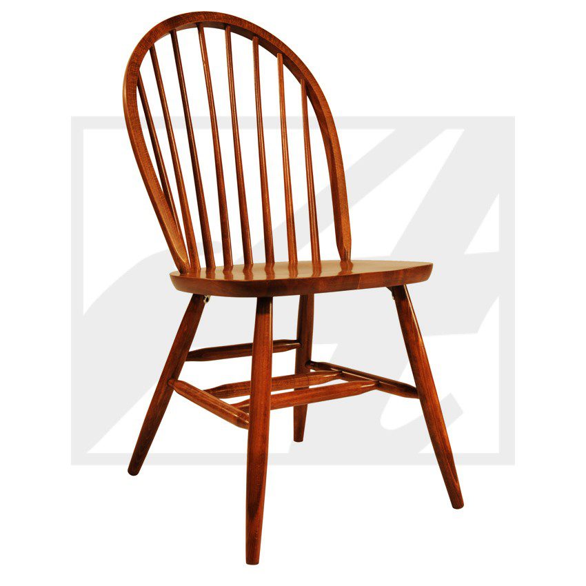 Classic wooden Windsor chair with spindle back and rounded top.