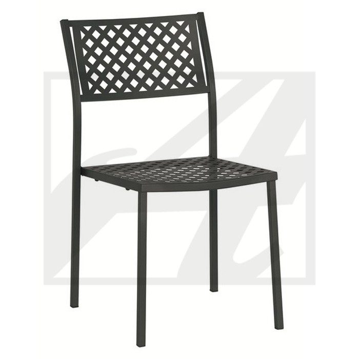Black metal chair with a lattice pattern on seat and backrest.