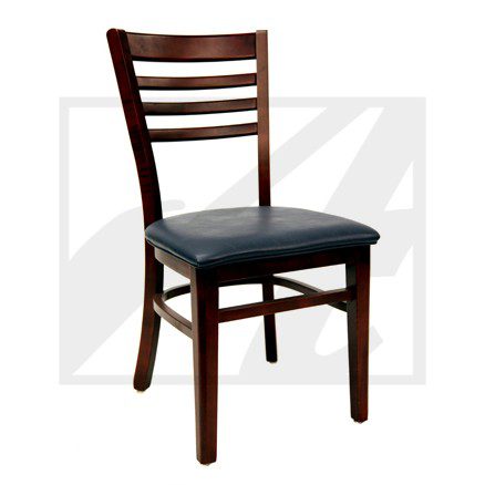 Wooden chair with a cushioned black seat and slatted backrest.