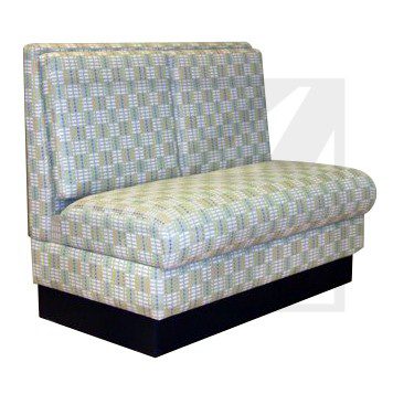 Blue and white patterned upholstered sofa with black base.