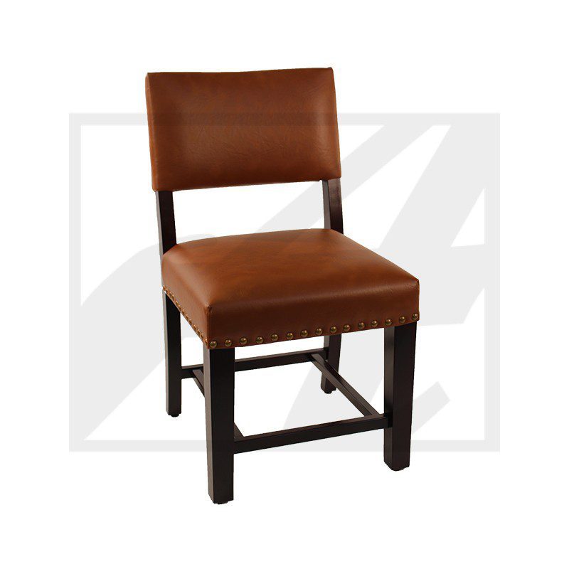 Brown leather dining chair with dark wooden frame.