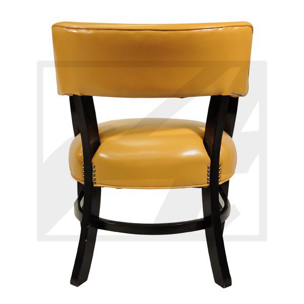 Yellow cushioned chair with black wooden frame.