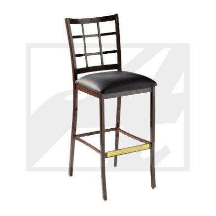 Wooden bar stool with a cushioned seat and grid backrest.